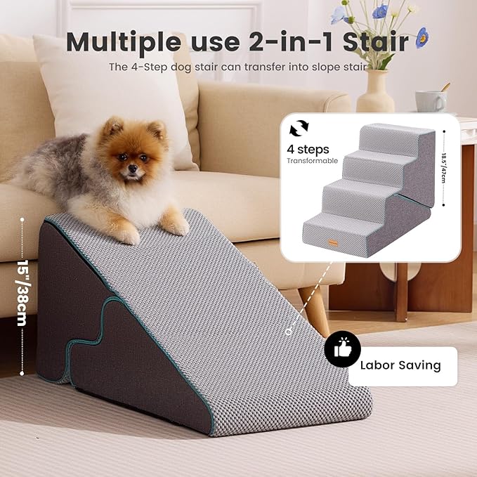 Gardner Pet Dog Stairs for Small Dogs 18.5" H, Small 2 in 1 Transformable 4-Step Pet Stairs and Dog ramp, Steps for Couch with Durable Non-Slip Waterproof Fabric Cover and Soft Foam, Grey