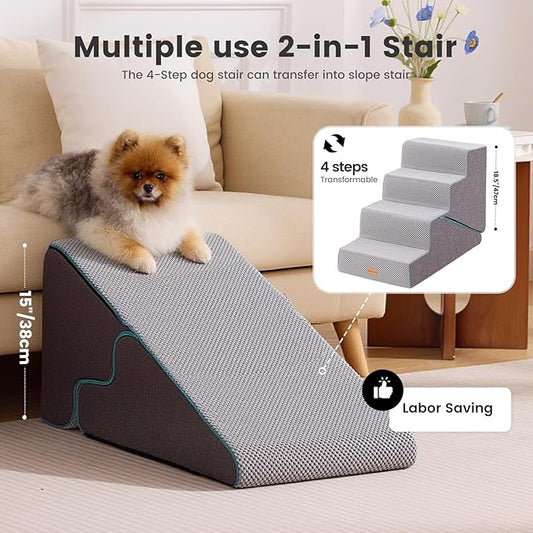 Gardner Pet Dog Stairs for Small Dogs 18.5" H, Small 2 in 1 Transformable 4-Step Pet Stairs and Dog ramp, Steps for Couch with Durable Non-Slip Waterproof Fabric Cover and Soft Foam, Grey