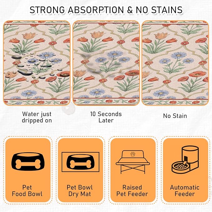 Dog Bowl Mat for Food and Water - Hamdwerk Absorbent Anti Slip Cat Feeding Mats for Floors, Quick Dry Pet Dog Feeding Matts, Diatomite Pet Dish Placemat Supplies, Vintage Floral Style, 16 * 240in