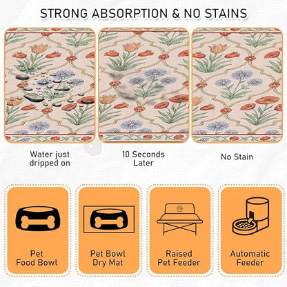 Dog Bowl Mat for Food and Water - Hamdwerk Absorbent Anti Slip Cat Feeding Mats for Floors, Quick Dry Pet Dog Feeding Matts, Diatomite Pet Dish Placemat Supplies, Vintage Floral Style, 16 * 240in