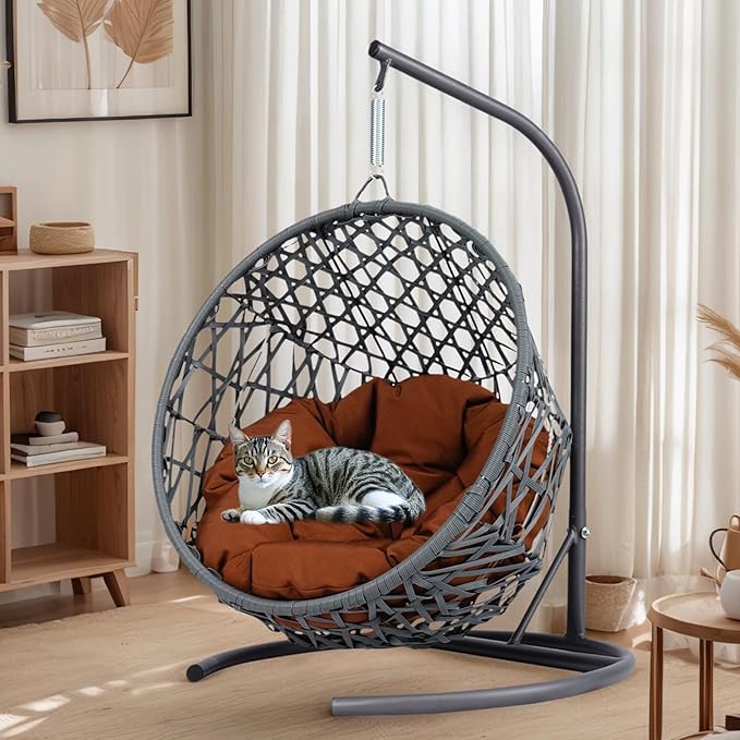 Cat Egg Chair with Stand & Cushion, Cat Swing Bed with Rattan Wicker Appearance, Hanging Chair for Indoor Cats Pet Kitten Puppy Small Dogs (Brown, 19.30 Inch)