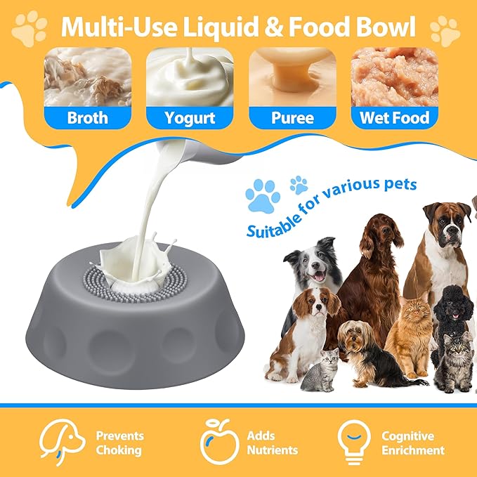 Homgaty Slow Feeder Dog Bowls for Liquid Treat, Dog Lick Bowl Anti-Slip Entertained Ball-in Bone Broth Dog Lick Bowl, Lick Toy for Large Medium Small Pet Breeds Dietary (Gray)