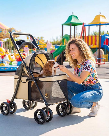 GTPLAYER Foldable Pet Stroller for Small Dogs and Cats, Holds Up to 33 lb, 4-Wheel Stroller with 2 Safety Tethers, Breathable Mesh, Lockable Front Wheels, Cup Holder/Tray & Storage Pocket, Ivory