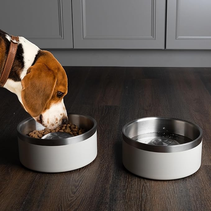 Set of 2 Stainless Steel Slow Feeder Dog Bowls - 60oz or 7.5 Cups Double Wall Insulated Food and Water Bowls for Dogs - Non Slip Metal Pet Dishes for Medium to Large Sized Pets by PETMAKER (Cream)
