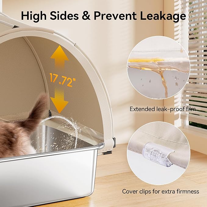 Meowant Stainless Steel Cat Litter Box with Lid, Extra Large Metal Litter Box with DIY Oxford Fabric Cover, Anti-Leakage & Non-Sticky, Odor Control, Easy Cleaning, Includes Litter Mat & Metal Scoop