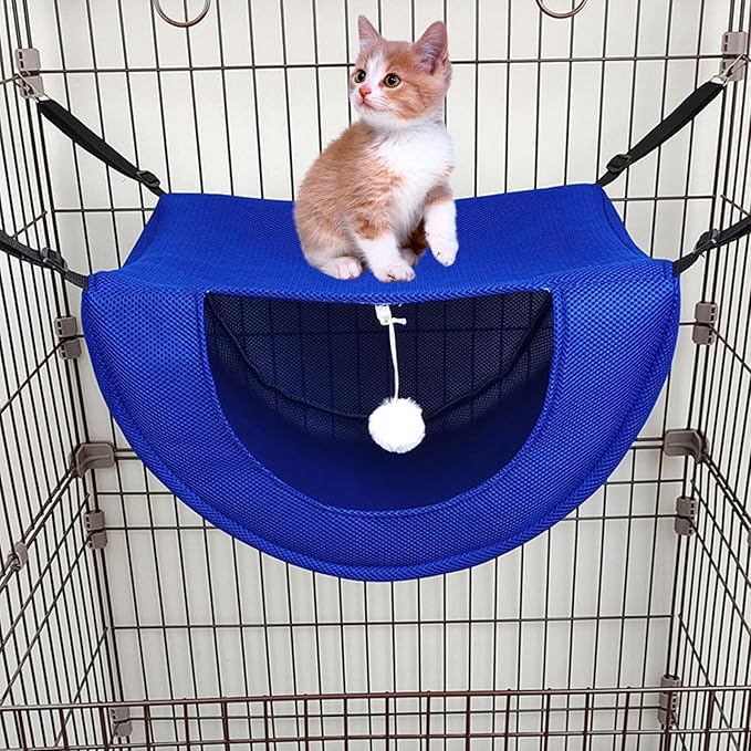 Happyyami Breathable Mesh Cat Hanging Bed, Summer Cat Sleeping Hammock for Cage, Machine Washable Blue M Kitten Nest Indoor Small Pet Hammock