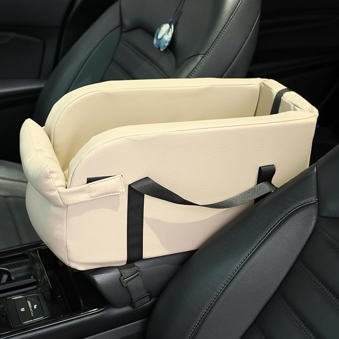 Waterproof Faux Leather Center Console Dog Car Seat, 2-in-1 Portable Puppy Carrier & Armrest Booster Seat for Small Dogs, Easy-to-Clean Tech Fabric, Sturdy Cushioned, Anti-Collapse Walls, Under 11 lbs