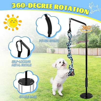 Outdoor Dog Tug Toy Reinforced Spring Rod with Durable chew-Resistant Rope for Independent Play and Interactive Fun in Yards and lawns Adjustable Height for Medium to Large Breeds Black