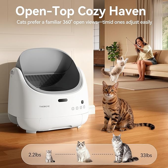 Thereye Automatic Litter Box, Self Cleaning Litter Box for Multiple Cats, APP Control and Safety Sensors, Odor Control, Open-Top Smart Cat Litter Box with Trash Bags/Litter Mat