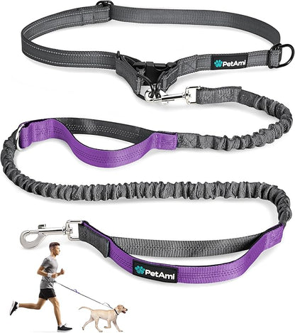 PetAmi Hands-Free Dog Leash for Walking, Running & Hiking, Heavy Duty Bungee Waist Leash with Dual Padded Handles, Adjustable Reflective Belt for Small, Medium & Large Dogs up to 150 lbs, Purple