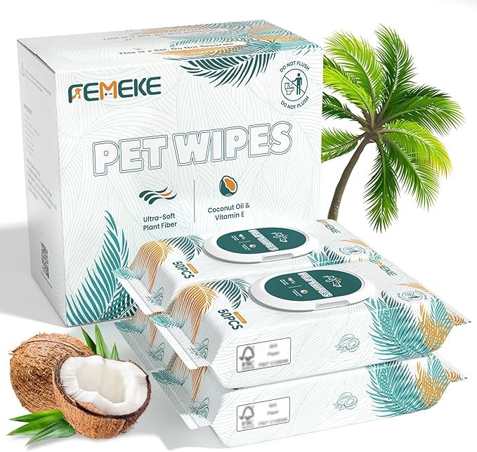 200 Count Dog Wipes & Cat Wipes (4x50 Packs) | Hypoallergenic, pH Balanced for Paws, Body, Face & Grooming |All-Natural Plant Fiber Wipes with Aloe, Coconut Oil & Vitamin E |Pearl Texture