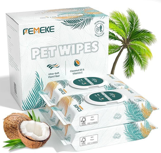 200 Count Dog Wipes & Cat Wipes (4x50 Packs) | Hypoallergenic, pH Balanced for Paws, Body, Face & Grooming |All-Natural Plant Fiber Wipes with Aloe, Coconut Oil & Vitamin E |Pearl Texture