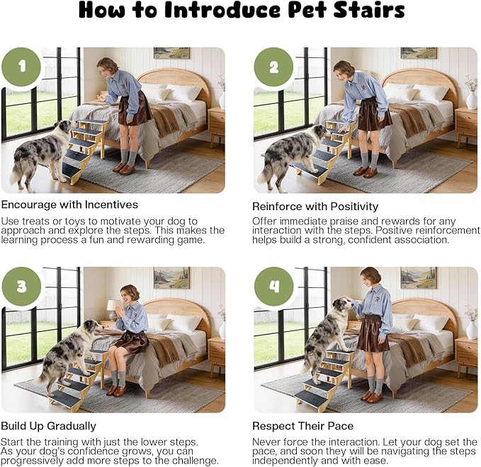 5-Step Dog Stairs for Large Dogs, Solid Wooden Dog Steps for Beds/Couch with Carpet, 24 Inches Anti-Slip Pet Stairs for High Beds, Ramp for Older/Senior Dogs, Pet Bed Stairs to Get on Bed/Sofa