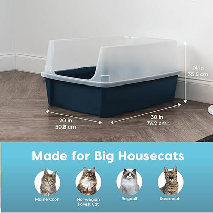 IRIS USA XX-Large Open Top Cat Litter Box with High Sided Walls Tall Scatter Shield Scoop Included Easy Clean Plastic Pan for Big Cats Kittens Multi-Cat Households 30"L x 20"W x 14"H Navy