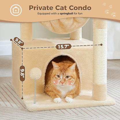 PEQULTI 4-in-1 Cat Tree, 33'' Cat Tower for Indoor Cats with Large Cat Condo, Scratching Post for Cats with Deep Hammock& Cozy Top Perch, Beige