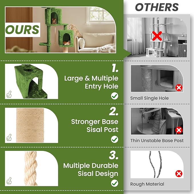 58in Large Cat Tree Tower for Indoor Cats with Soft Plush Hang Ball, Two Condos, Sisal Scratch Posts & Rope Play for Kittens/Adult Cats, Green