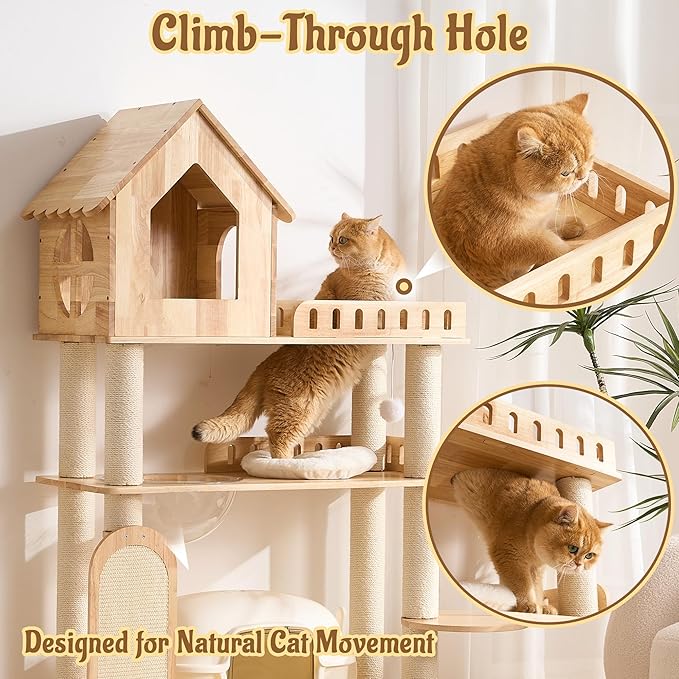 58" Tall&Wide Solid Wood Cat Tree Tower for Indoor Cats, Modern Cat Tree Open-Style Cat Villa Condo with Scratching Posts & Board, Cat Beds, Multi-Level Cat Furniture with Space for Litter Box