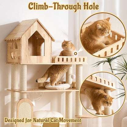 58" Tall&Wide Solid Wood Cat Tree Tower for Indoor Cats, Modern Cat Tree Open-Style Cat Villa Condo with Scratching Posts & Board, Cat Beds, Multi-Level Cat Furniture with Space for Litter Box