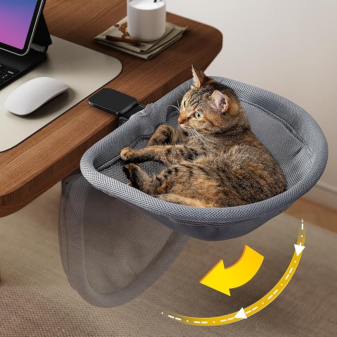 Cat Desk Bed - One-Click Folding, Sunken Design & Space-Saving Semi-Circular Cat Bed, Mesh Cover Material, Suitable for Various Desktops-Maximum Hold Up to 40lb