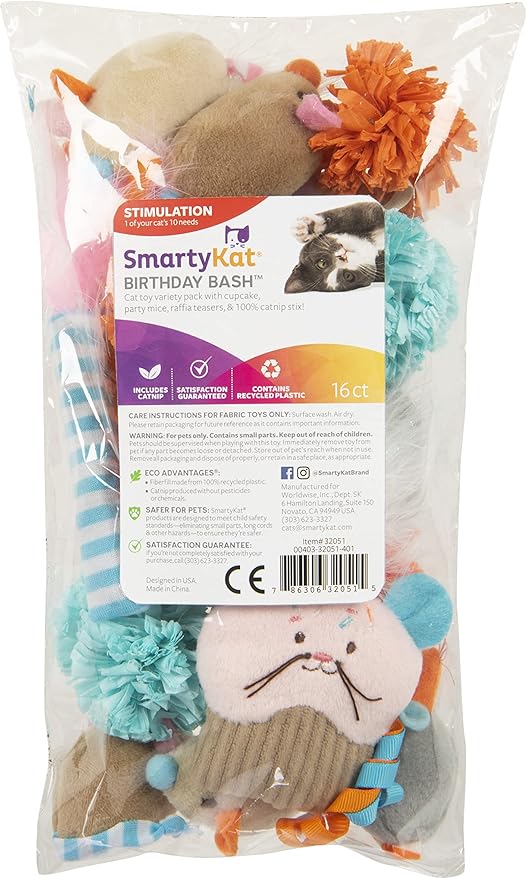 SmartyKat (16 Set Bundle) Birthday Bash Variety Pack Catnip Cat Toys - Multi Color, Set of 16