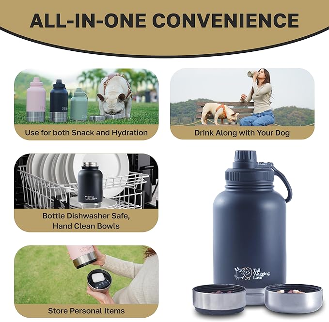32oz 3-in-1 Portable Travel Water Bottle, Food & Hydration Bottle - Dual Use for Humans & Pets with Detachable Bowls, Stainless Steel, Keeps Water Hot for 6hrs & Cold for 12hrs