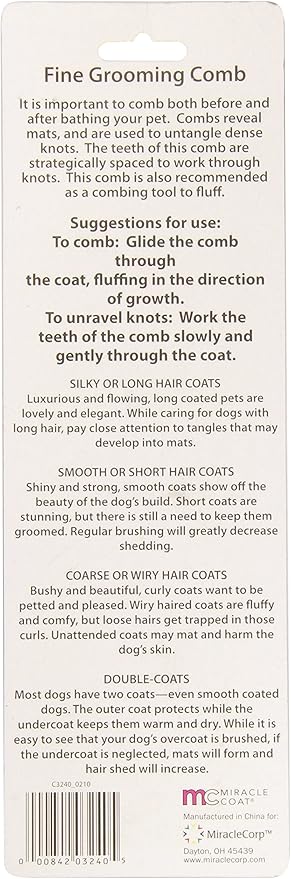 Miracle Care Coat Fine Grooming Comb, black, "9""l x 1.25""w x 1.25""h" (3240)
