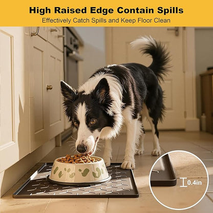 Pieviev 24''x16'' Dog Cat Food Bowl Mat, Silicone Waterproof Food Grade Pet Food Mat for Floor, High Raised Edge to Prevent Spills, Non-Slip & Easy Clean Pet Placemat for Dog & Cat Bowls, Black
