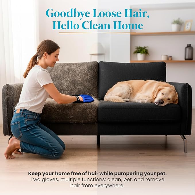 Pet Hair Remover Gloves System – 3-in-1 Set: 2 Grooming Mitts + 1 Reusable Pad for Dogs, Cats & Horses – Professional Shedding Brush for Long & Short Hair