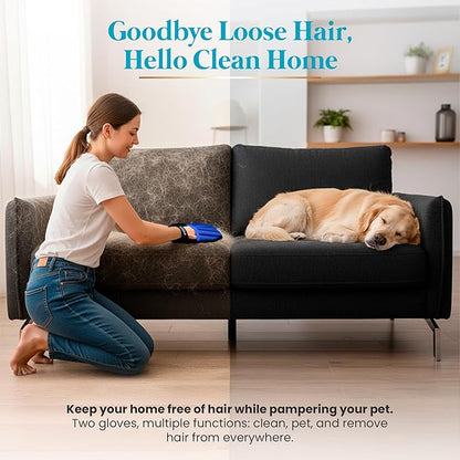 Pet Hair Remover Gloves System – 3-in-1 Set: 2 Grooming Mitts + 1 Reusable Pad for Dogs, Cats & Horses – Professional Shedding Brush for Long & Short Hair