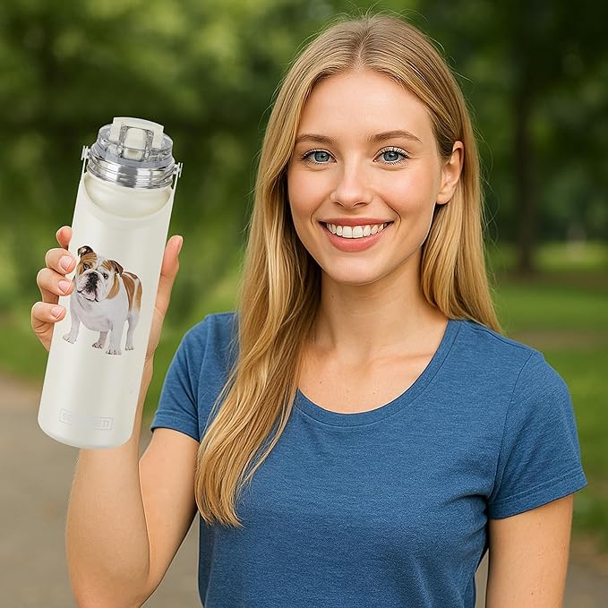 E&S Pets SERENGETI 24 Oz Water Bottle Stainless Steel with Spill Proof Lid - Double walled Vacuum Insulated water flask - Realistic 3D Print of your favorite dog (Bulldog)