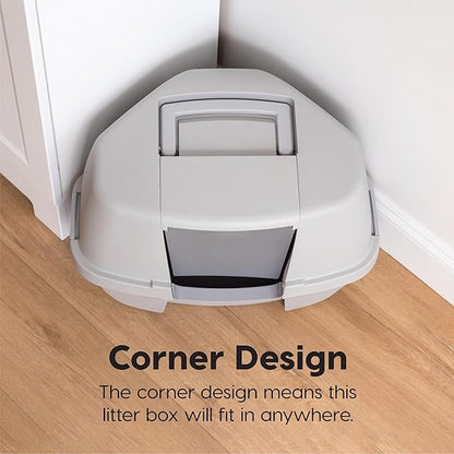 IRIS USA Corner Cat Litter Box - Enclosed Corner Litter Box with Scoop, Hooded Litter Tray for Corners, Space-Saving Covered Litter Box, Odor Defensive, Gray