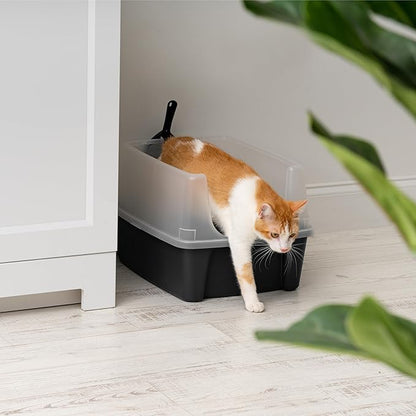 IRIS USA Large Open Top Cat Litter Box with High Sided Walls Tall Scatter Shield Scoop Included Easy Clean Plastic Pan Stain Resistant for Big Cats Kittens Indoor Multi-Cat Households