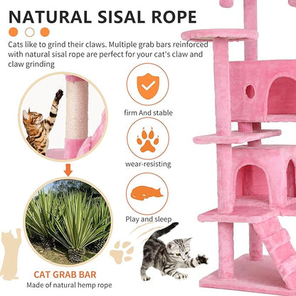 BestPet | 54" Cat Tree Tower | Pink | Sturdy, Easy to Assemble, Multi-Level Activity Center with Sisal Scratching Posts, Condos, Perches, Hanging Cat Toys, Observation Decks & Ladder