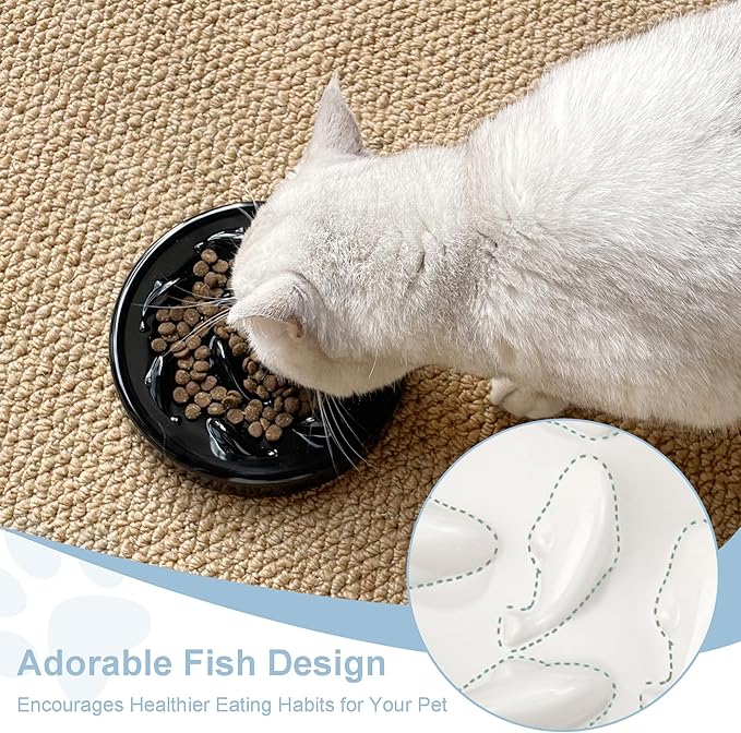 Slow Feeder Bowl for Cats and Small Dogs,Cilkus Fish Pool Design, Fun Interactive Bloat Stop Puzzle Feeder Bowl Healthy Eating Diet Made of Melamine Food Grade Material Dishwasher Safe (Black)