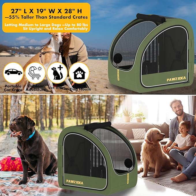 PAWZIDEA Portable Dog Crate for Car Travel, Collapsible Pet Travel Crates for Medium & Large Dogs Up to 80lbs, Enclosed Soft-Sided Car Kennel Carrier for Backseat, Secures w/Seatbelt & Headrest Strap