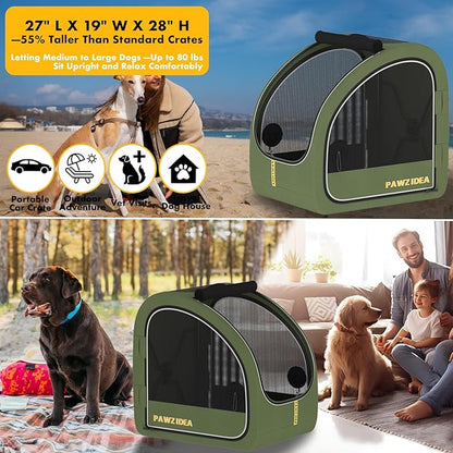 PAWZIDEA Portable Dog Crate for Car Travel, Collapsible Pet Travel Crates for Medium & Large Dogs Up to 80lbs, Enclosed Soft-Sided Car Kennel Carrier for Backseat, Secures w/Seatbelt & Headrest Strap
