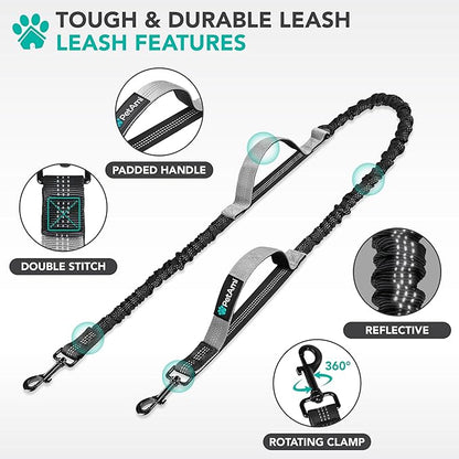 PetAmi Heavy Duty Hands Free Dog Leash, Adjustable Waist Belt for Large Dog Walking Up to 125 lbs, Bungee Leash for Pet Running, Hiking, Reflective Safety for Jogging, Biking, Grey Handle