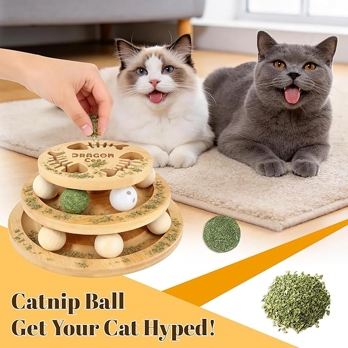 Cat Ball Track Toy with Puzzle Top, Interactive Cat Toys for Indoor Cats with Spinning Balls, Wooden Cat Ball Tower Toy for Kitten Kitty Exercise Mental Physical