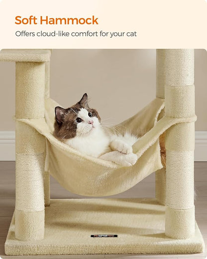 Feandrea Cat Tree, 55.1-Inch Cat Tower, Plush Multi-Level Condo with 4 Scratching Posts, 2 Perches, Hammock, Cave, Beige UPCT161M01