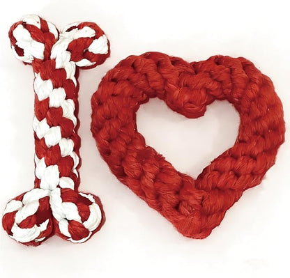 Valentine Dog Toy 2-Pack | Heart&Bone Rope Knot Chew Toys | Durable for Medium Large Dogs with Chewing Behavior | Teeth Cleaning Interactive Toys