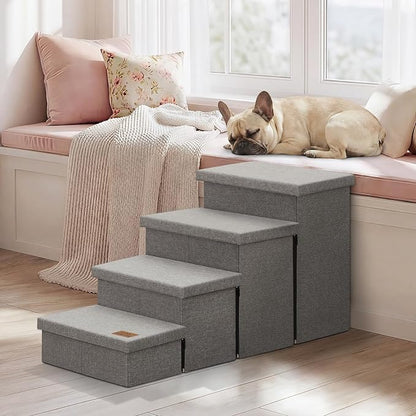 Dog Stairs with Storage 23" H, 4-Step Wider Dog Steps for High Beds Window, Folding Sturdy Pet Stairs Gift for Injured Old Dogs Cats, Ramp for Climbing Car Up to 200 lbs,(Gray, No Condo)