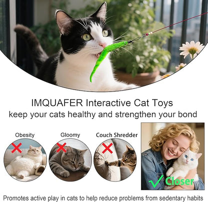 12Pcs Cat Wand Toy - 2 Cat Toy Stick Wand 10 Replacement Teasers with Bells, Interactive Feather Toy for Indoor Cats, Worm Cat Toy Teaser for Bored Adult Cats Kittens Play Chase Exercise