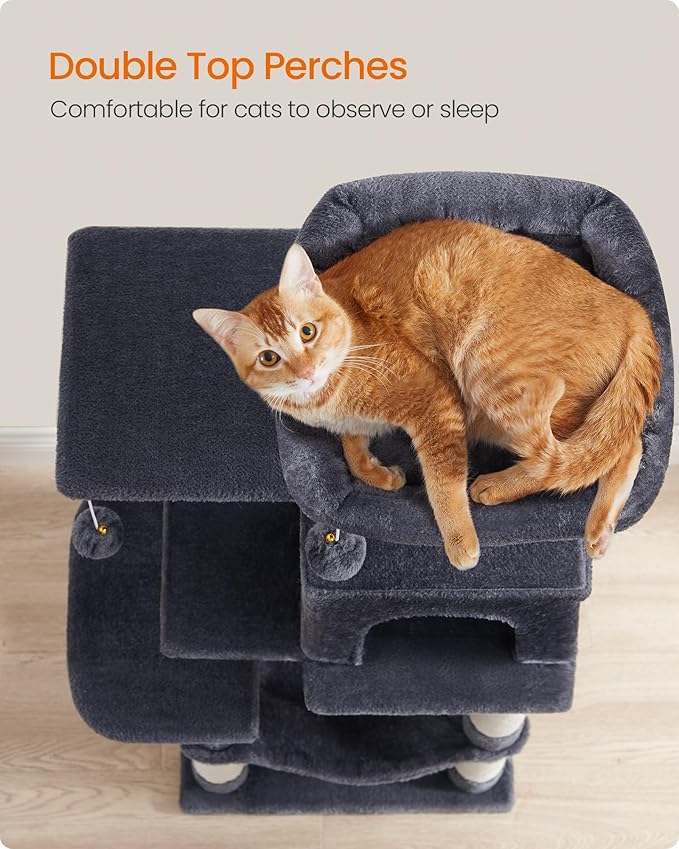 Feandrea Cat Tree, 44.1-Inch Cat Tower, Plush Multi-Level Condo with 4 Scratching Posts, 2 Perches, Hammock, Cave, Smoky Gray UPCT261G01