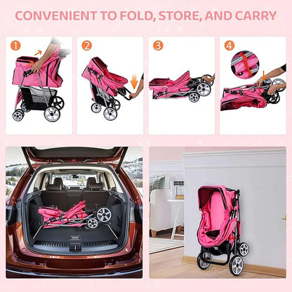 ZENY Foldable Pet Stroller, Cat/Dog Stroller with 4 Wheel, Pet Travel Carrier Strolling Cart with Storage Basket, Cup Holder (Pink)
