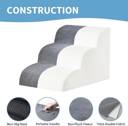 Dog Stairs for Small Dogs 15.7” H, 3-Step Pet Ramp with High-Density Foam, Non-Slip Soft Cover, Dog Steps for Bed, Couch or Sofa, Gray