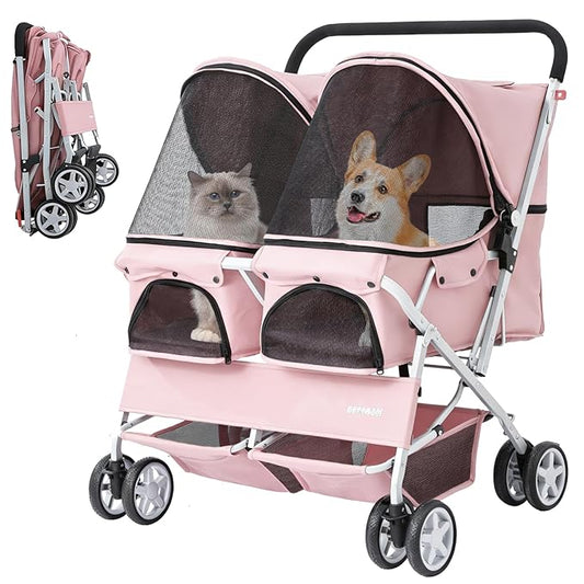 Double Pet Stroller for 2 Small Dogs & Cats, Side-by-Side Twin Travel Carriage with Safety Leashes, Mesh Windows & Double Storage Baskets, Lightweight & Foldable, 44lbs Capacity, Pink