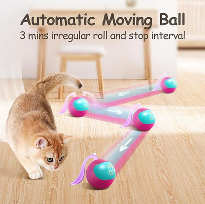 Migipaws 2-in-1 Interactive Cat Toy Ball – Paw Friendly Kicking Chasing Ball with Bonus Fluffy Tail for Indoor Cats Random Rolling Auto Escape Corners Tangle-Free Quiet USB Rechargeable (Rose)