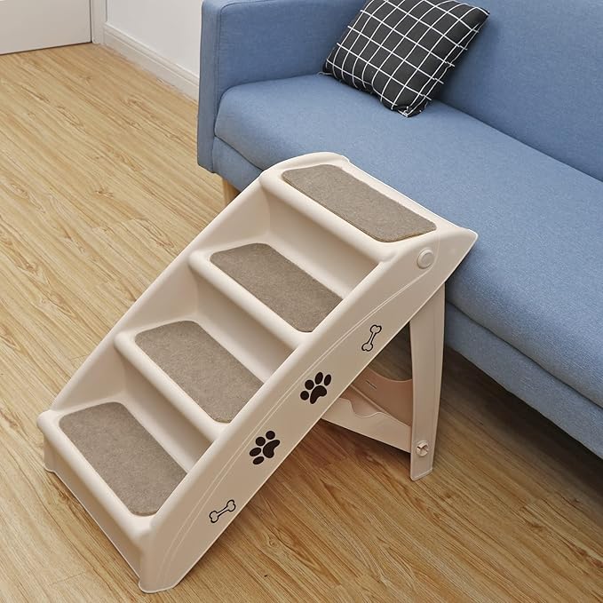 Dog Stairs for High Beds, Foldable Pet Steps Ramp with Non-Slip Bottom for Cats and Small Dogs, for Couch, Car, Portable Waterproof Dog Steps, Beige