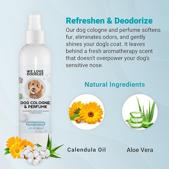 Dog Cologne & Perfume, Deodorizing, Long Lasting After Bath, Deodorant For Smelly Dogs, Pawfume For Pets, Odor Eliminator Spray Puppies, Fresh Cotton [We Love Doodles]