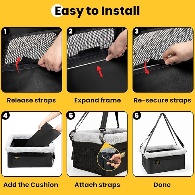 Conlun Dog Car Seat Booster for Small Pet Under 20lbs, Portable Travel Puppy Car Seat with Internal Steel Frame, Comfort Cushion & Storage Pockets, Adjustable Straps Fit Most Cars, Black